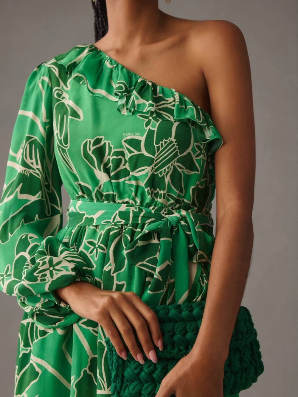 FARM Rio Emerald Green One-Shoulder Floral & Parrot Print Dress